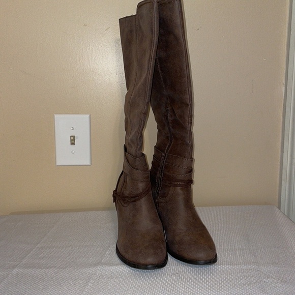 Rampage women’s boots 9.5 brown knee Lucy fashion neutral wedge almond toe - Picture 2 of 9